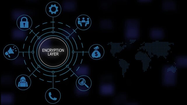 Advanced cyber security encryption layer interface with global data network connectivity concepts and digital security system architecture animation background loop