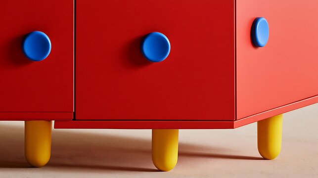 Modern red cabinet with blue circular handles and yellow legs.