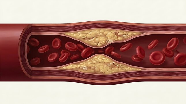 Medical illustration of an artery with atherosclerosis showing plaque buildup narrowing the blood vessel lumen isolated on white background