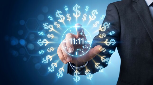 Businessman touching a digital interface with a clock showing 1111 surrounded by glowing dollar signs, representing time is money and financial management