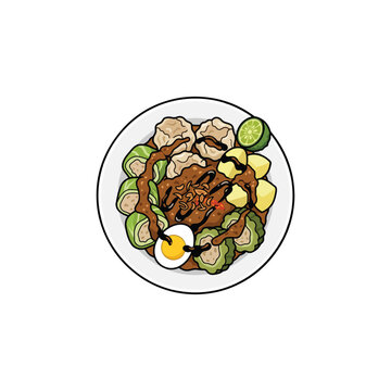 Indonesian steamed fish dumplings siomay Bandung with rich peanut sauce and lime vector illustration for street food logo, isolated on white background