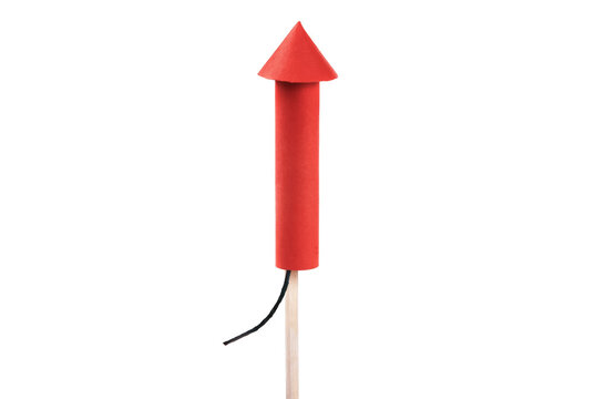 Single Red Firework Rocket with Fuse on Wooden Stick