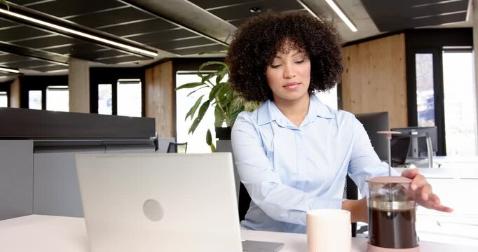 Lifestyle videos indoor of people doing activities at office, using french press, woman working on l
