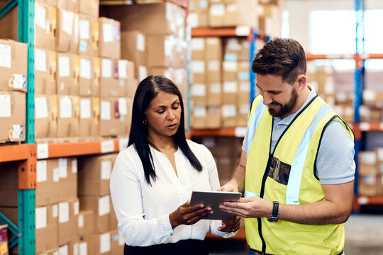 Tablet, shipping and team with people in warehouse for cargo tracking, procurement and export. Inventory management, logistics and supply chain with employees in factory for tech and distribution