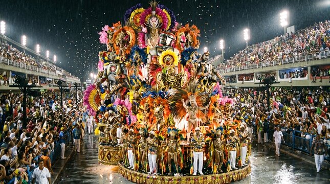 Low-angle perspective of vibrant samba school float moving down Sambadrome during Rio Carnaval, colorful feathered costumes, dancers, festive Brazilian parade in Rio City