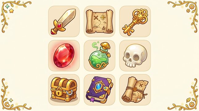 Set of fantasy adventure game icons featuring a sword, treasure maps, golden key, ruby gem, magic potion, skull, treasure chest, and a spell book