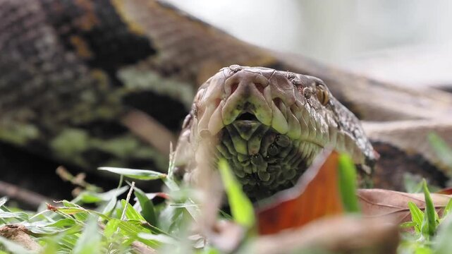 Reticulated python on the grass coiled low to the ground amidst green plants and foliage.