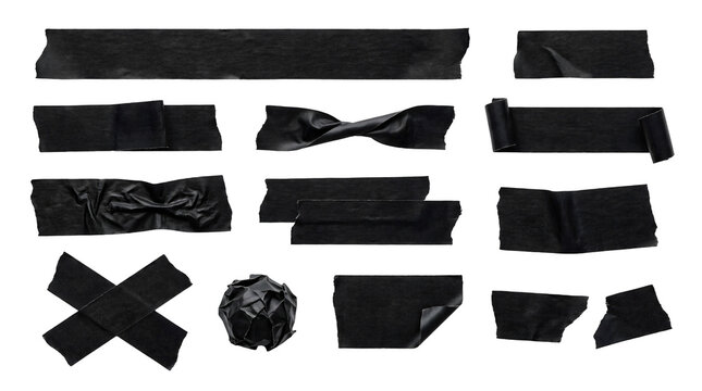 Set of matte black gaffer tape pieces in various shapes and textures, isolated on white background