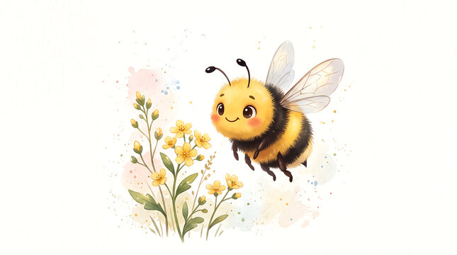 Cute bumblebee flying near yellow wildflowers in a watercolor illustration