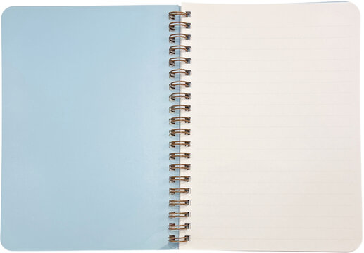 Open blue and white lined spiral notebook on transparent background