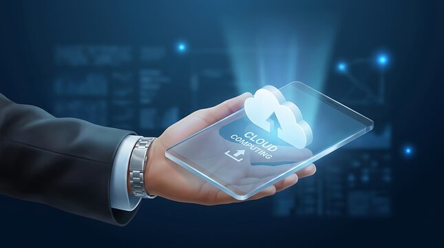 A professional businessman holding a transparent digital device displaying a glowing cloud computing icon and text against a futuristic blue data background