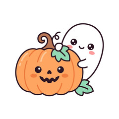 Obraz premium Cute ghost hugging a happy pumpkin, Halloween cartoon illustration