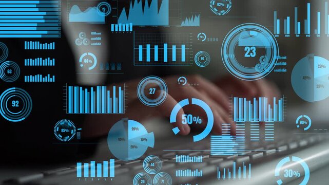 A professional workspace featuring hands typing on a keyboard surrounded by data visualizations, charts, and metrics. Perfect for topics on technology and analytics. Xenic