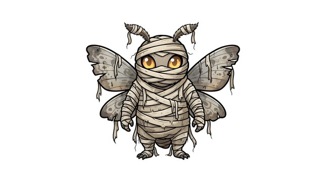 Cute cartoon moth or butterfly character wrapped in mummy bandages. Halloween spooky insect mascot illustration isolated on white background.
