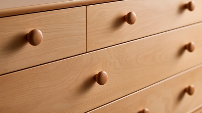 Modern wooden dresser with round knobs close up.