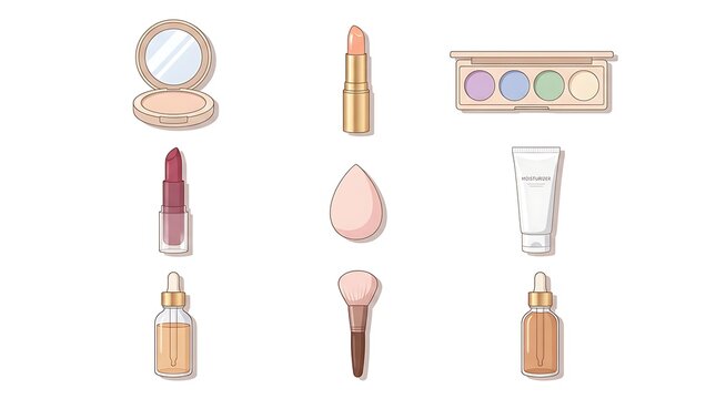 Set of various makeup and skincare cosmetic products including lipstick, powder, moisturizer, brushes, and serums isolated on white background