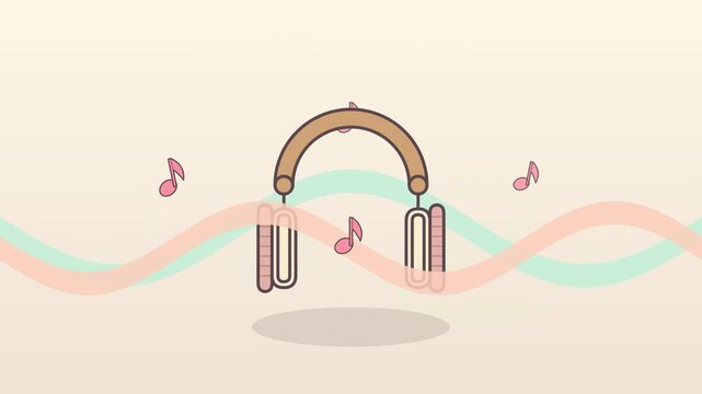 Headphone icon motion graphics with musical notes and sound waves