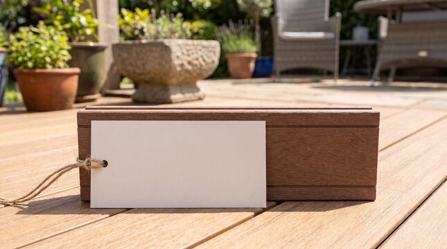 Close-up view of a blank decking board sample with a tag on an outdoor wooden deck surrounded by plants and furniture, showcasing natural materials