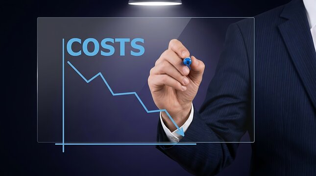 A professional businessman in a suit drawing a downward trending line graph representing reduced costs on a transparent digital screen in a modern office setting