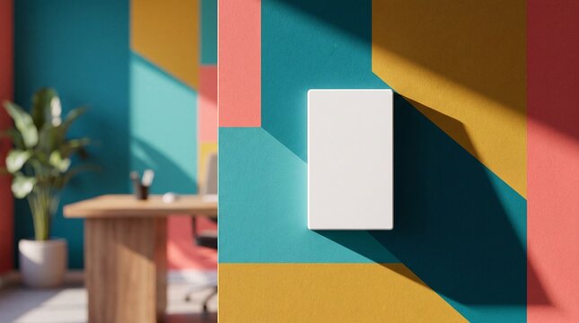 Brightly lit room featuring a white light switch on a colorful textured wall with bold geometric patterns