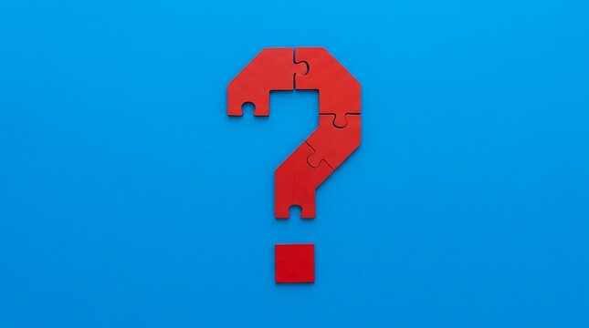 A red question mark shape assembled from several puzzle pieces on a vibrant blue background, representing uncertainty, problem solving, or a conceptual query