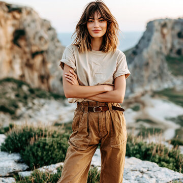Female Rock Climber Standing at Cliff Edge &ndash; AI Generative, No Real Persons