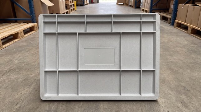 Gray reusable tote box lid panel located in a spacious warehouse environment