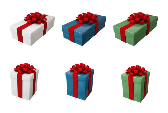 Collection of six colorful gift boxes with red ribbons and bows