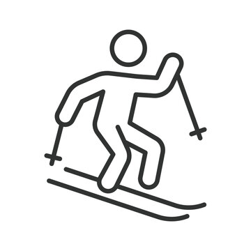 Person skiing winter sport icon in line design. Snow, recreation, activity, travel, mountain, cold, adventure on white background vector. Skiing editable stroke icon