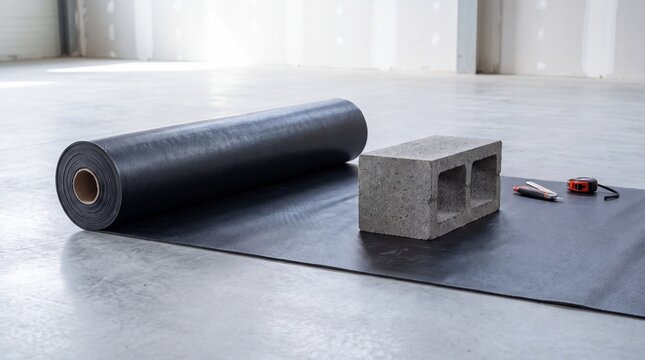 A waterproofing membrane laid out on a smooth concrete floor next to a concrete block and measuring tools