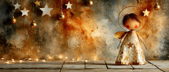 Obraz premium Cute Christmas Angel Watercolor Background – AI Generative