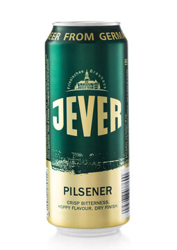 LONDON,UK - FEBRUARY 10,2022: Jever Pilsner lager beer on white background. Hoppy flavour