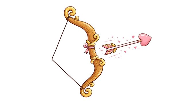 Cartoon cupid bow and arrow illustration with a pink heartshaped tip and decorative ribbon, isolated on white background