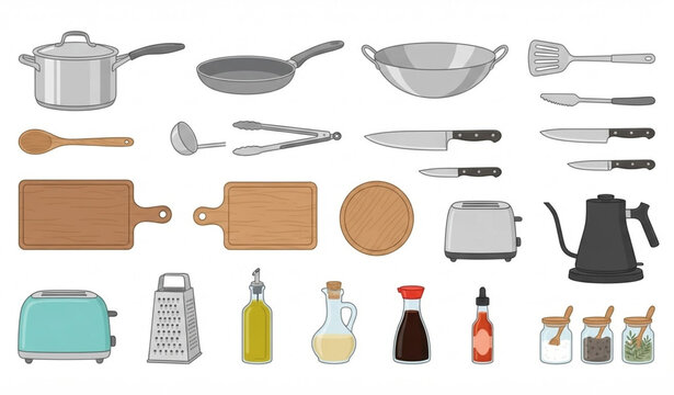 Kitchenware Cookware and Utensils Set With Pots Pans Kettle and Sauces Vector