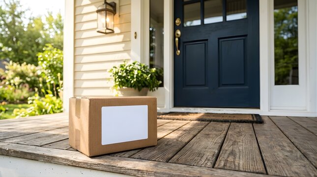 Delivered cardboard package sitting on a wooden front porch doorstep
