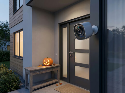 Modern security camera mounted near a front door with a Halloween pumpkin decoration at dusk