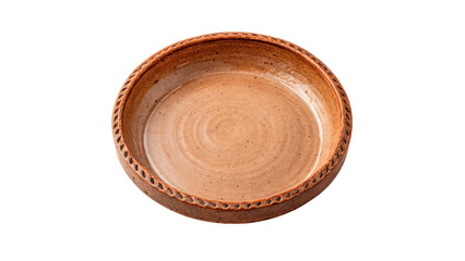 Empty rustic round brown clay ceramic plate bowl isolated on transparent background.