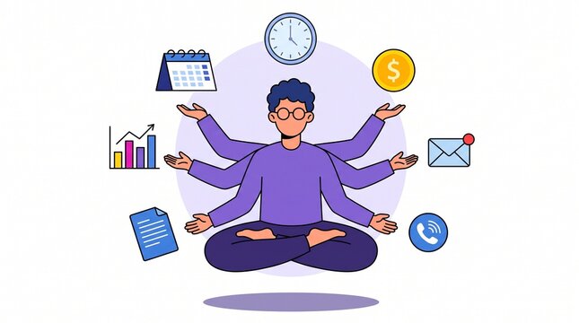 Multitasking businessman meditating with multiple arms and work icons
