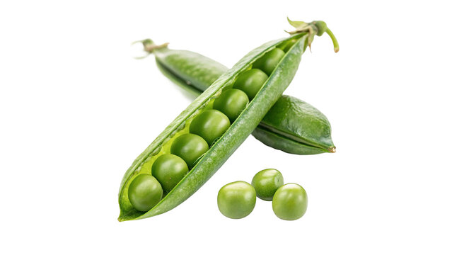 Open green pea pod with organic sweet peas isolated on transparent background.