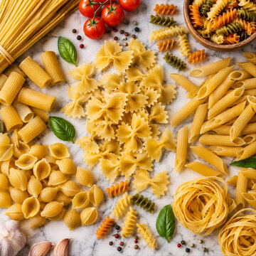 Assorted Uncooked Italian Pasta Variety Flatlay with Fresh Tomatoes, Basil leaves, and Garlic on Marble Background