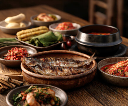 Traditional Korean Cuisine with Grilled Fish and Fermented Side Dishes &ndash; AI Generative