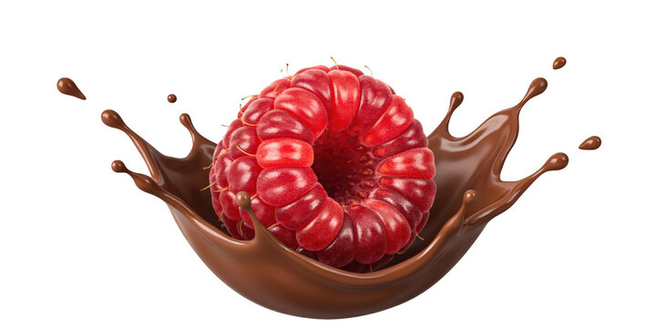 Fresh red raspberry dropping into a splash of liquid milk chocolate creating dynamic ripples and droplets isolated on a transparent background
