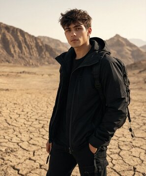 A young man in black outdoor clothing and a backpack stands in a dry, cracked desert landscape with distant mountains.