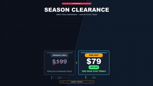 Digital voucher card with kinetic sale ticket style price comparison layout for promotional video