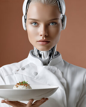 Ultra-Realistic Humanoid AI Chef Holding Plated Dish &mdash; Food Technology Culinary Portrait

