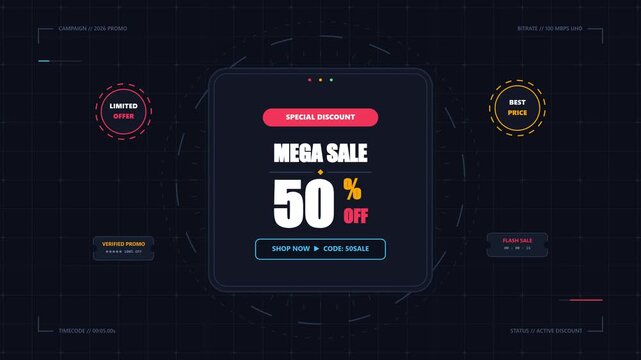 Futuristic HUD user interface template displaying digital discount promotion and special sale badge