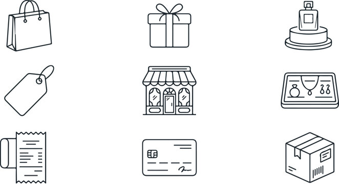 E-commerce Shopping Icons Set, Online Purchase, Digital Marketplace, Vector Illustration, Isolated White Background, Flat Design