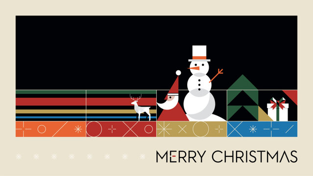 Merry Christmas greeting banner with minimalist geometric Santa Claus, snowman and elements modern retro style in black frame on beige background horizontal template have blank space.