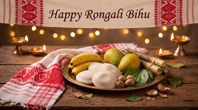 A traditional Assamese Rongali Bihu banner wishing happiness, displayed prominently above a wooden table laden with festive fruits, snacks, and cultural items