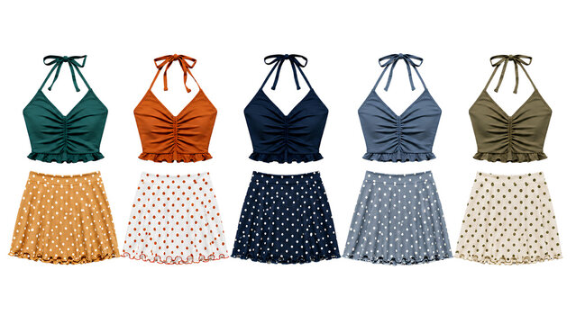 Women two piece swimsuit with ruched halter crop top and polka dot skirt set isolated on white background